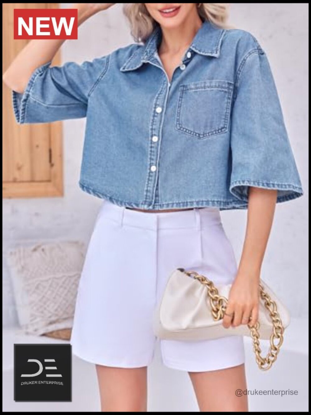 Crop Denim Jacket Half Sleeve Button Down Short Jean Jacket with Pocket - Picture 2 of 7